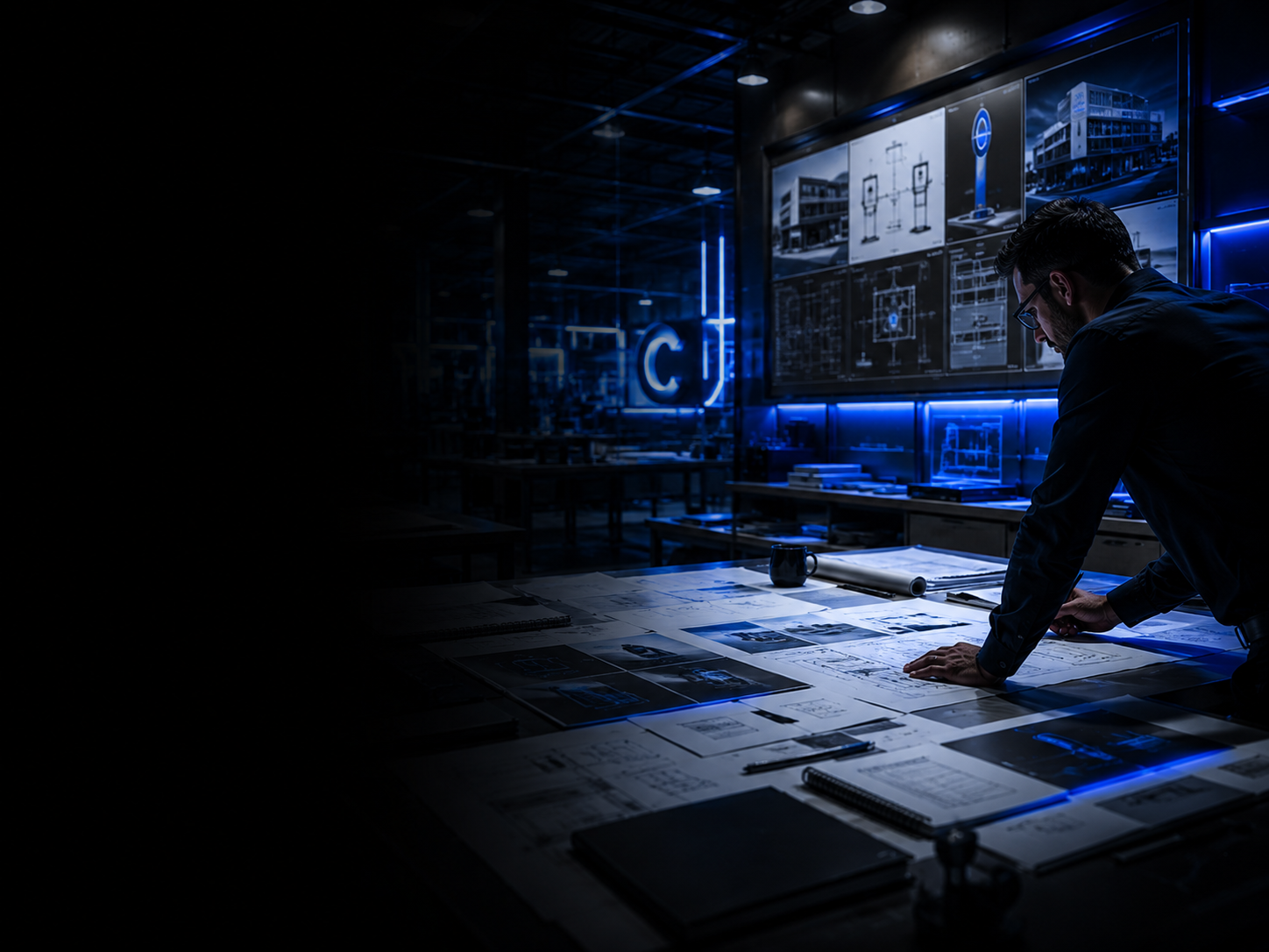 Sign industry consulting workspace with drawings, planning screens, and blue illuminated shop lighting