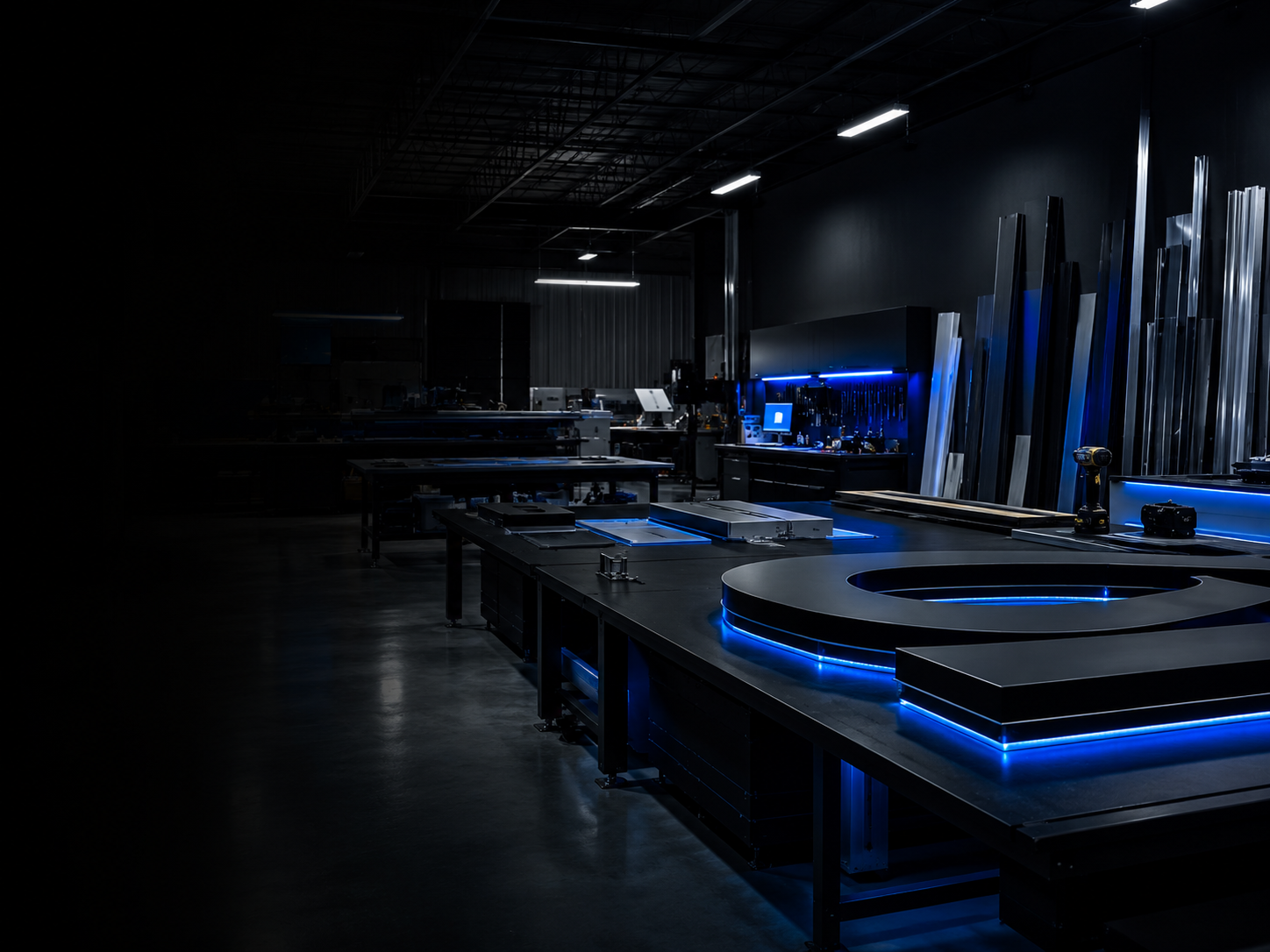 Dark sign shop production floor with illuminated sign work in progress