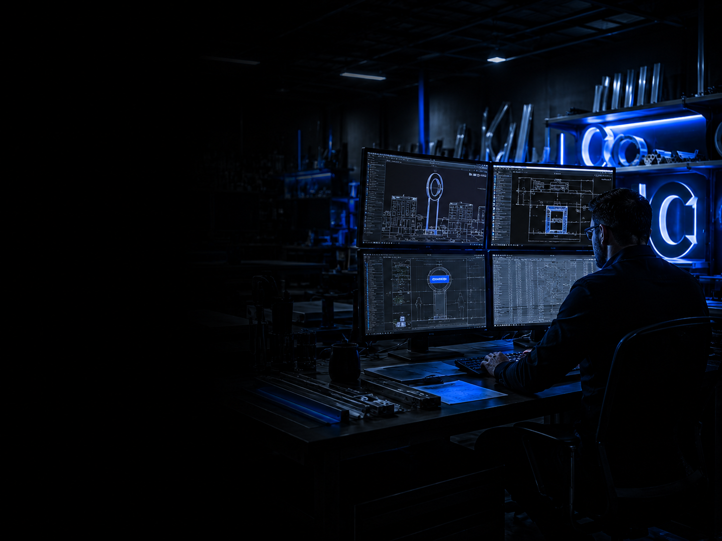 Late night technical workshop with sign drawings on multiple monitors
