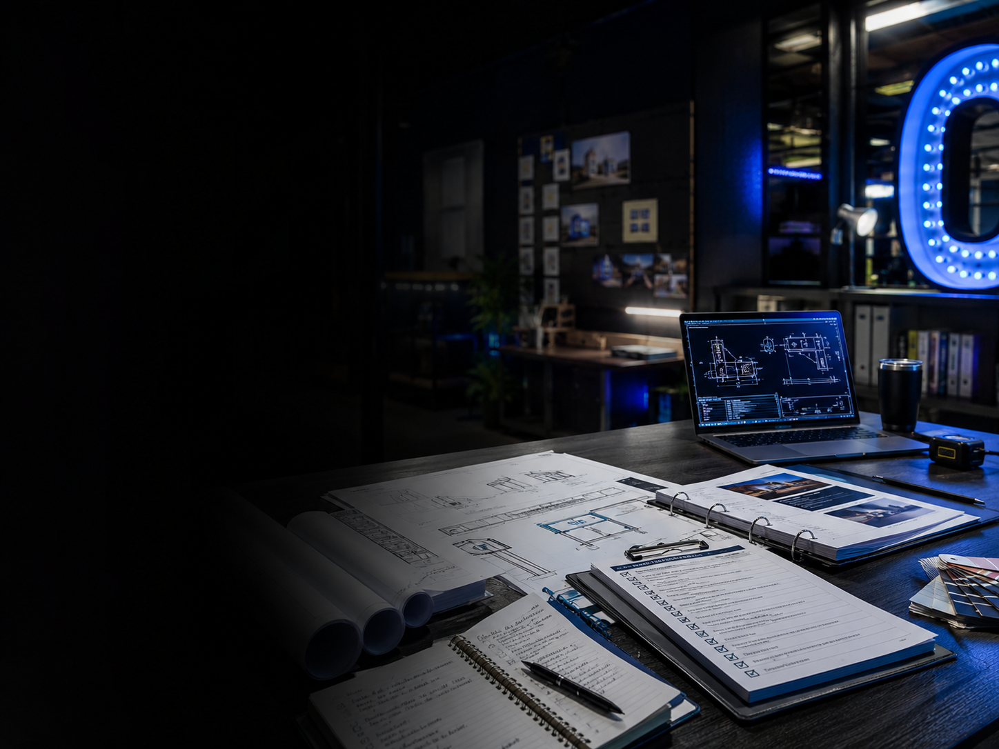 Sign planning workspace with drawings, checklists, laptop plans, and blue illuminated sign accents